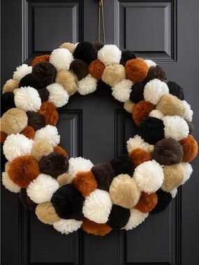 Cozy Pom-Pom Holiday Wreath in Cream, Black, Brown & Tan - Home Holiday